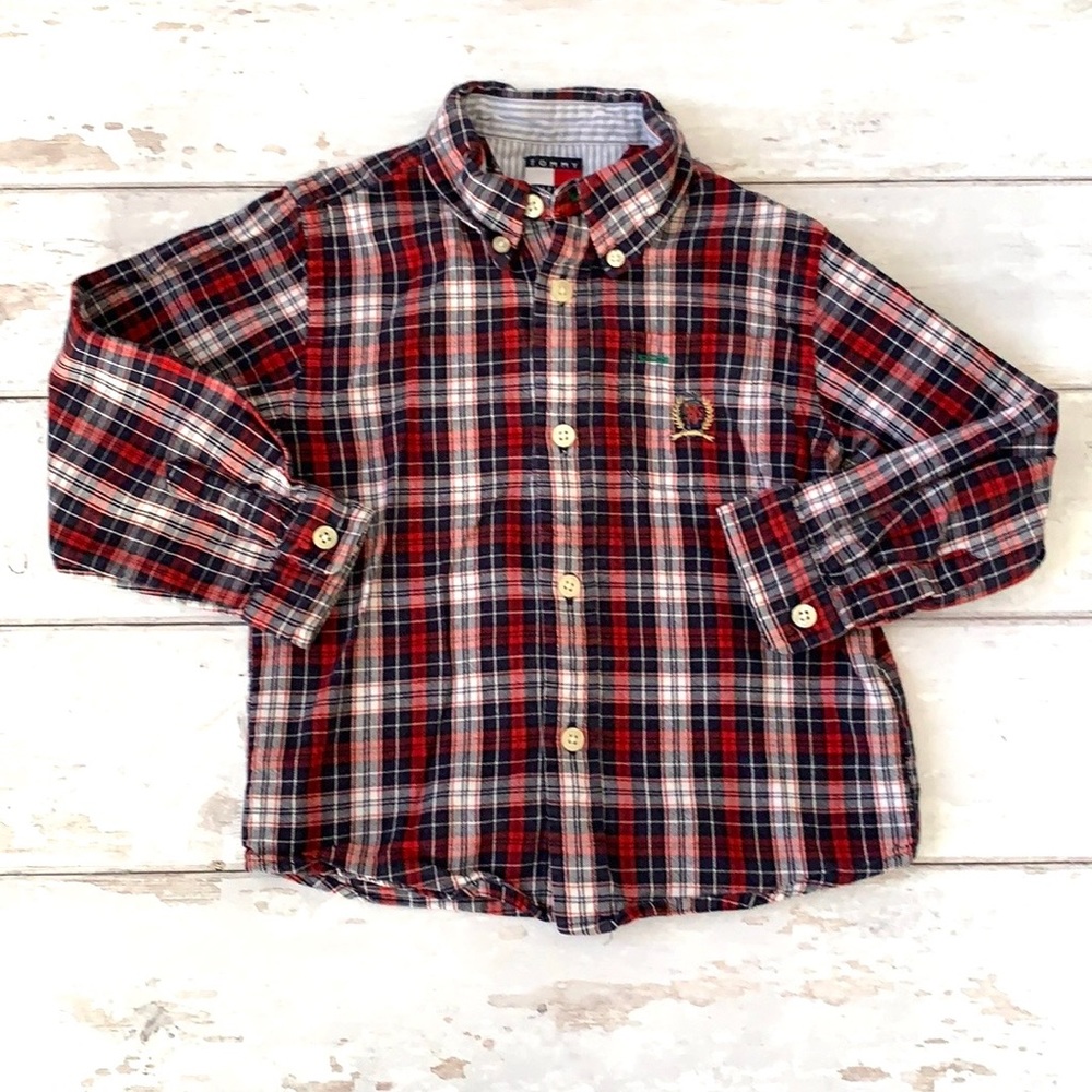 Tommy Hilfiger 4T Boys Navy Blue Red Plaid Button Up Shirt Long Sleeves